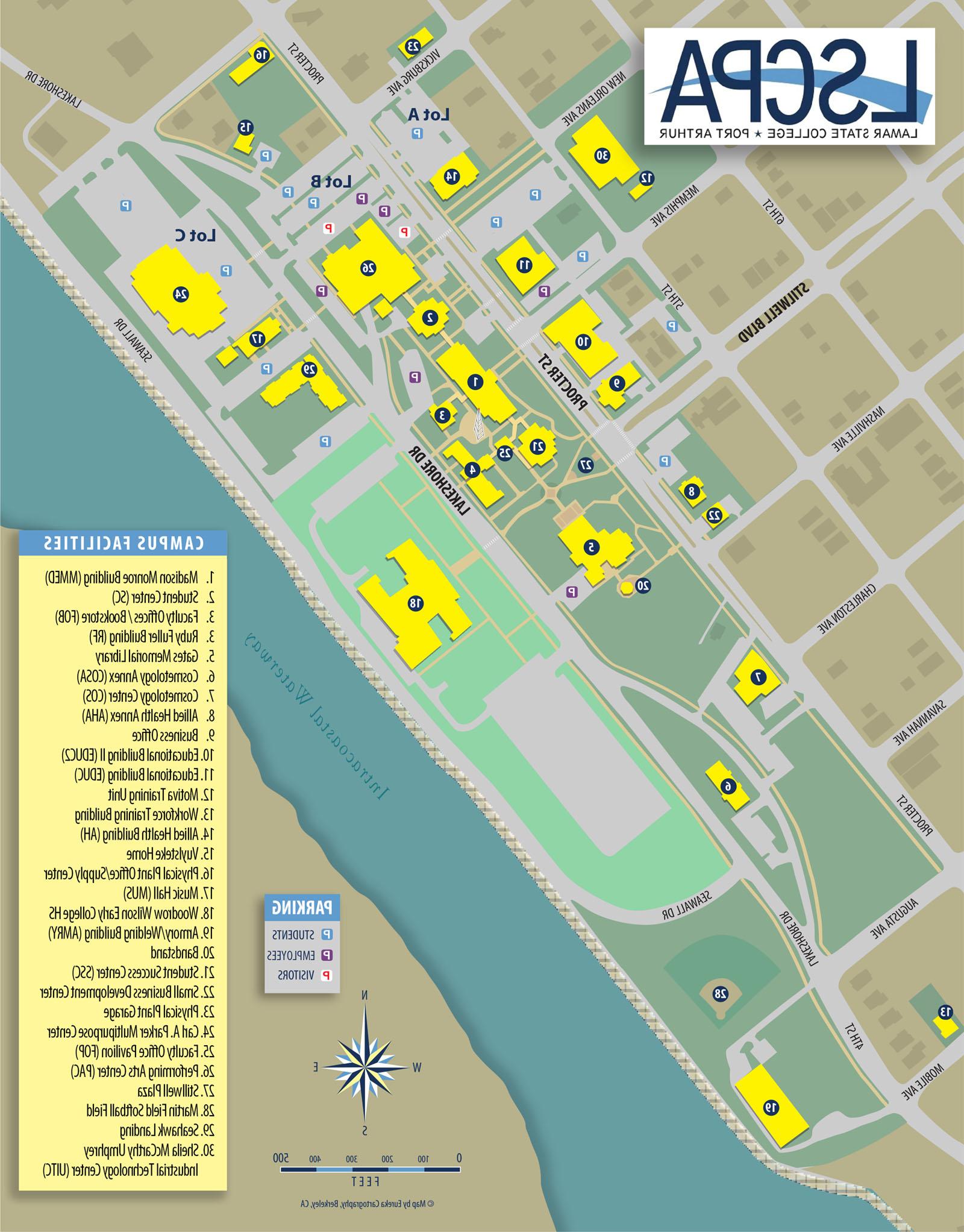 校园地图显示建筑物和停车场.